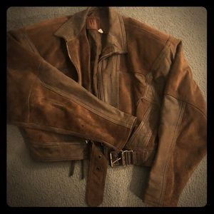 Brown leather bomber jacket